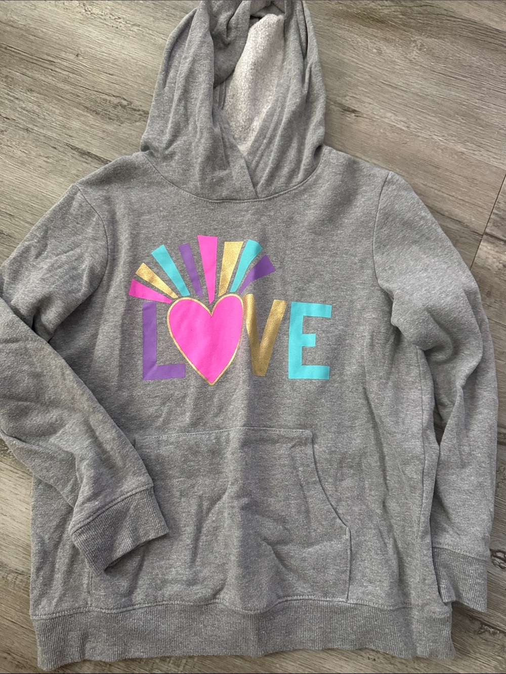 bcg Gray Hoodie with Pink Heart and Teal, Purple & Gold LOVE Graphic